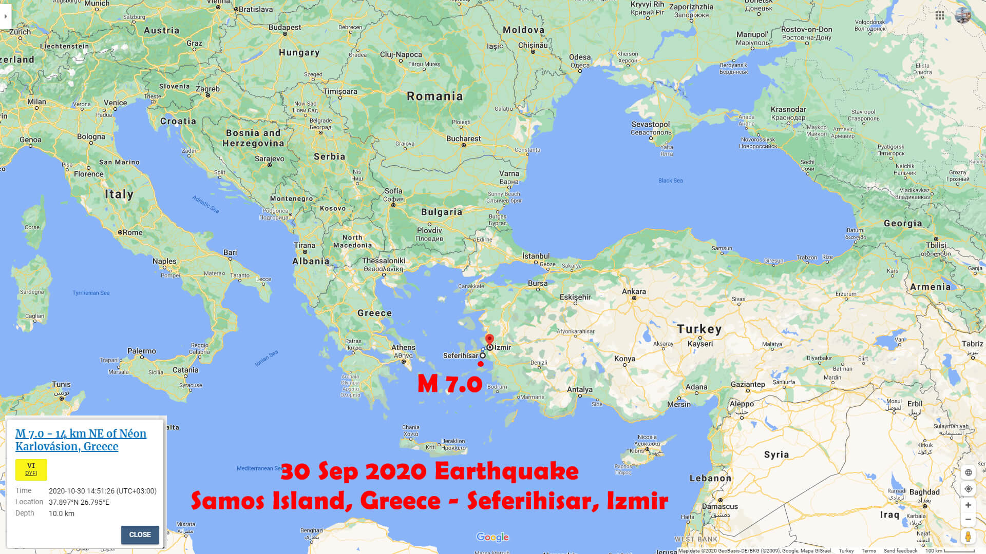 Samos Greece - Seferihisar Izmir - Sep 30 Earthquake Political Map